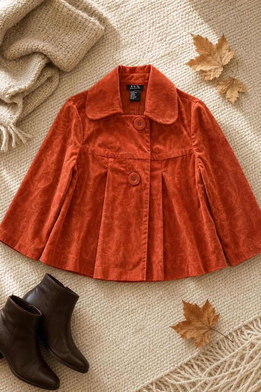 Vintage RQT Orange Corduroy Swing Jacket, Floral Burnout Babydoll Coat Y2K